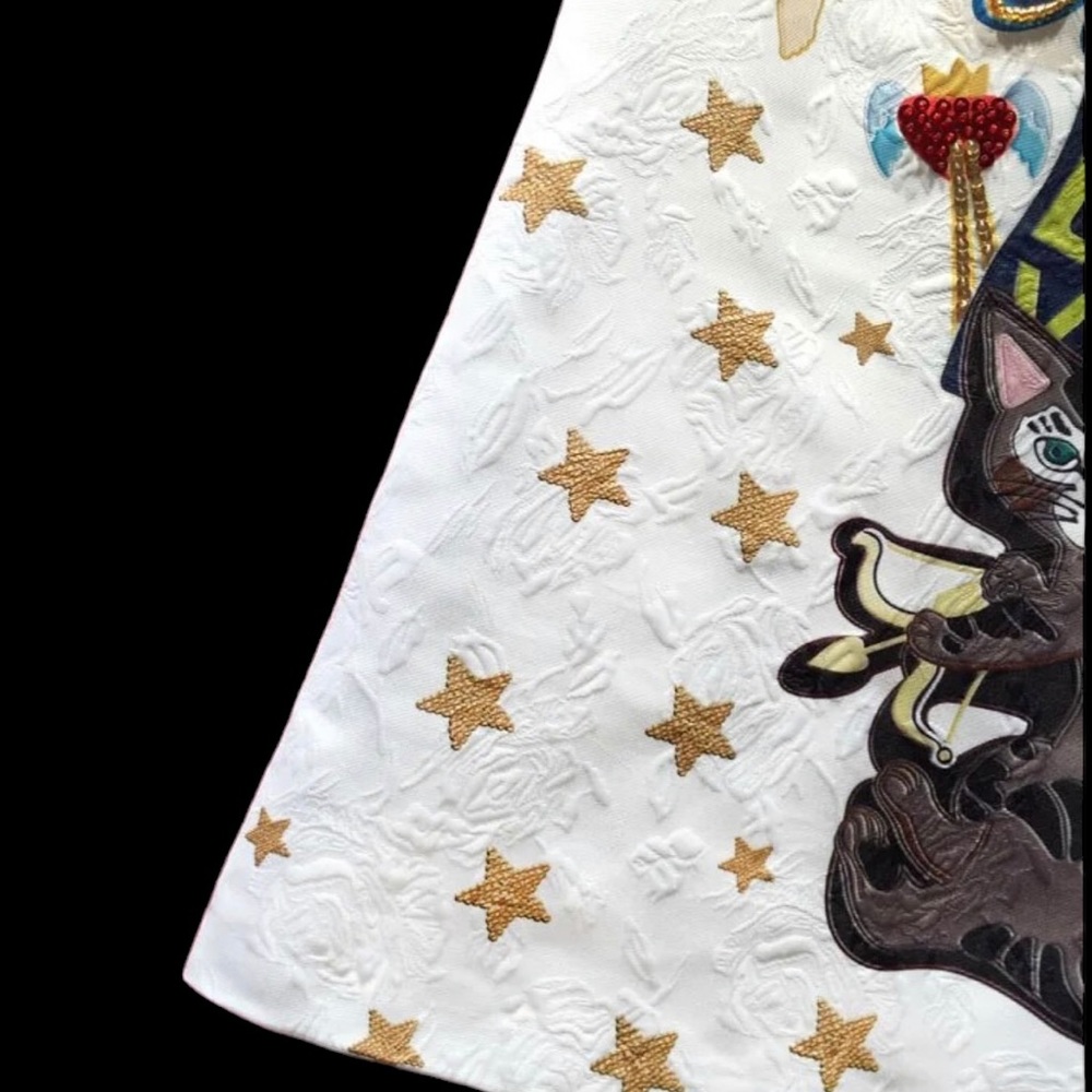 White Brocade Graphic Cat Design Dress - Picture 7 of 12